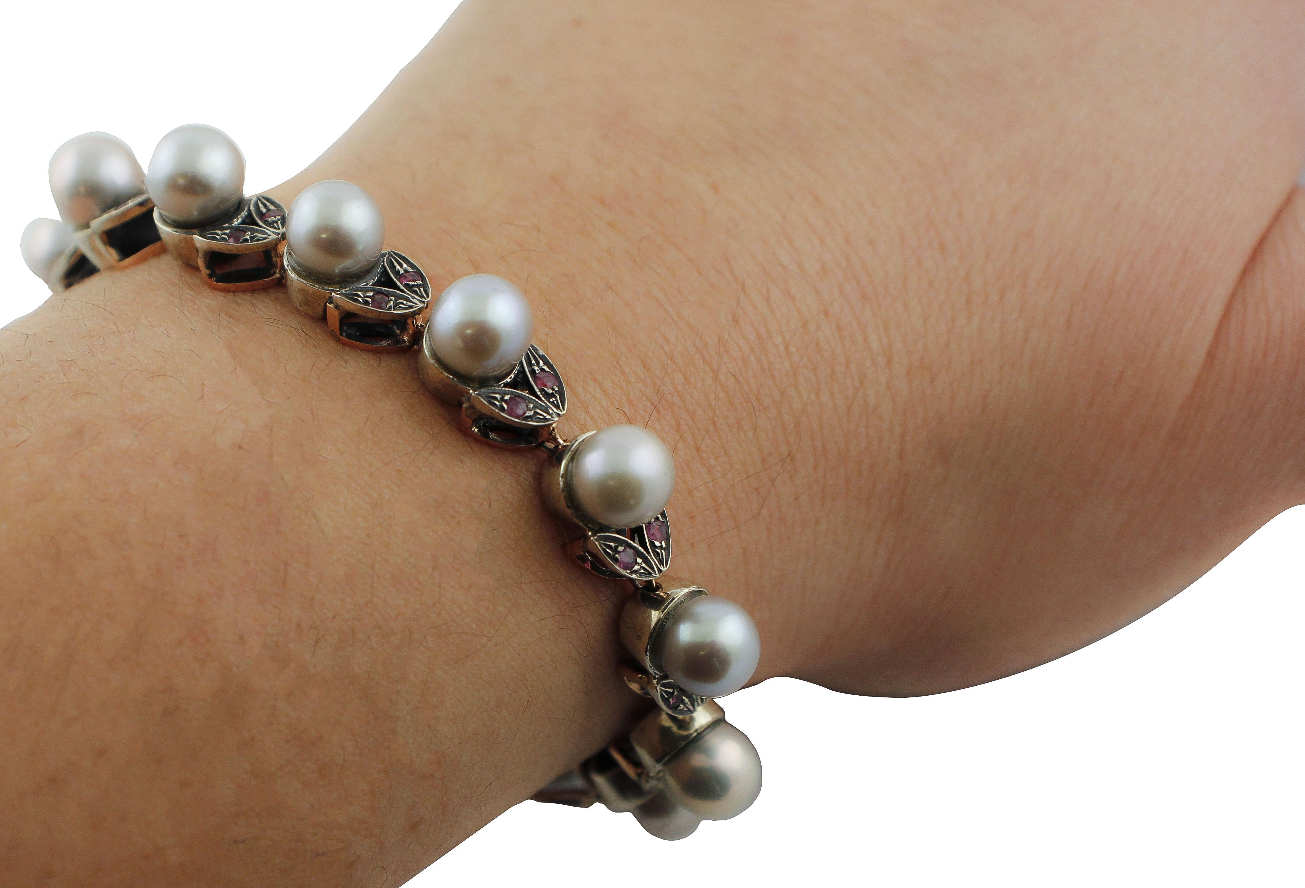 Rubies Grey Pearls Rose Gold and Silver Link Bracelet 3