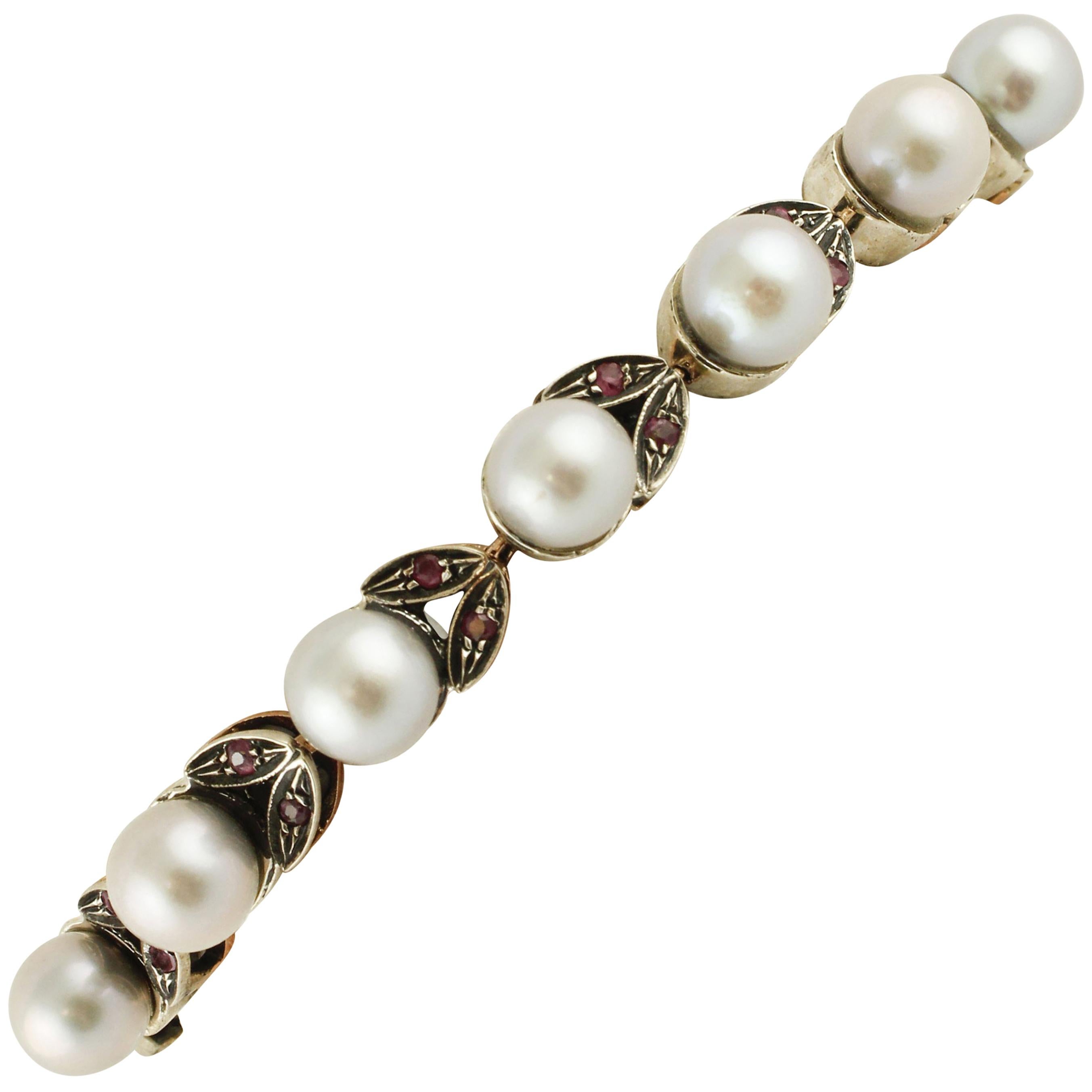 Rubies Grey Pearls Rose Gold and Silver Link Bracelet