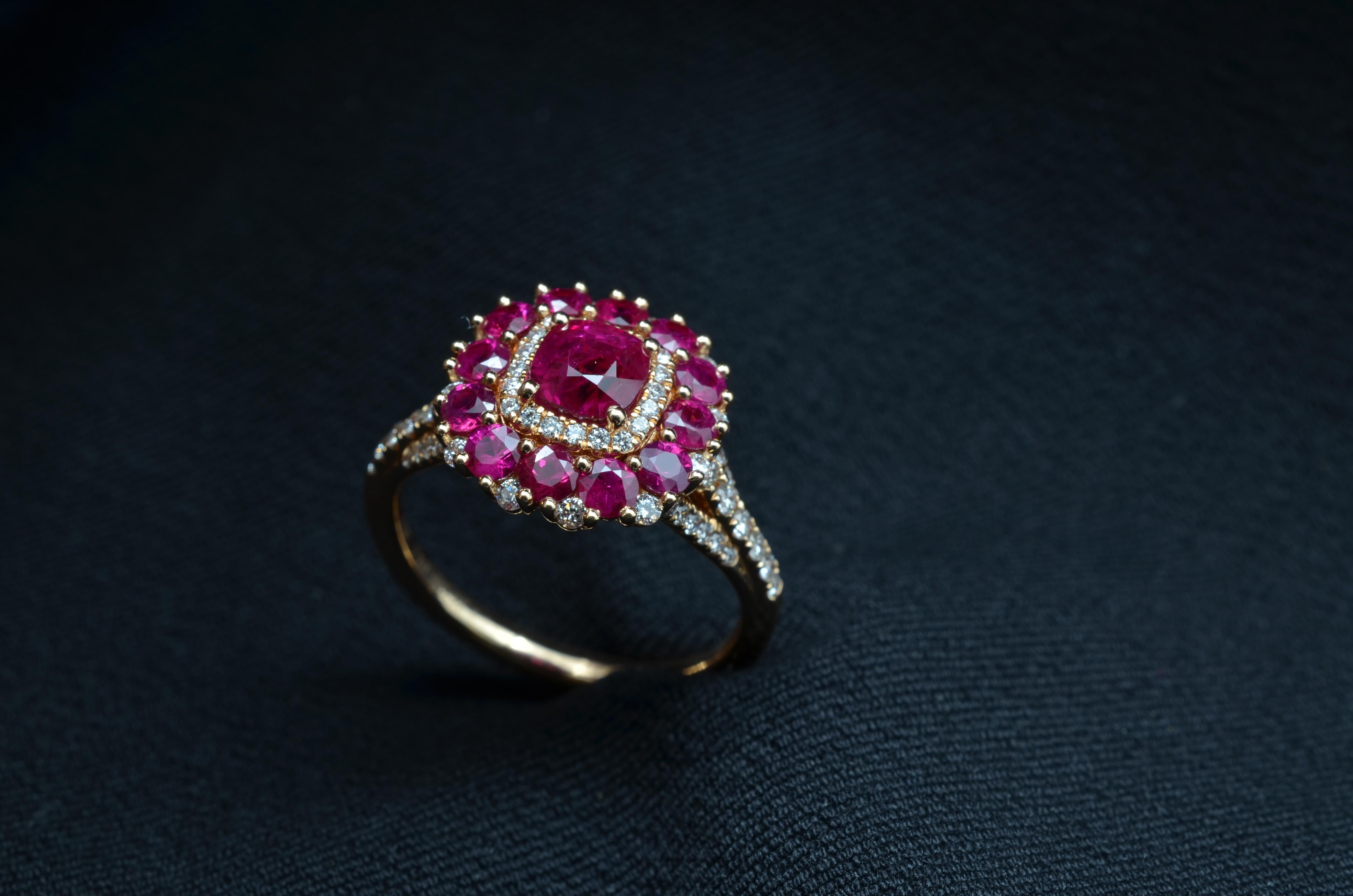 Lovely Valentine rose gold ring with old cut ruby cushion center halo diamonds around it and halo of round rubies. Delicate and 