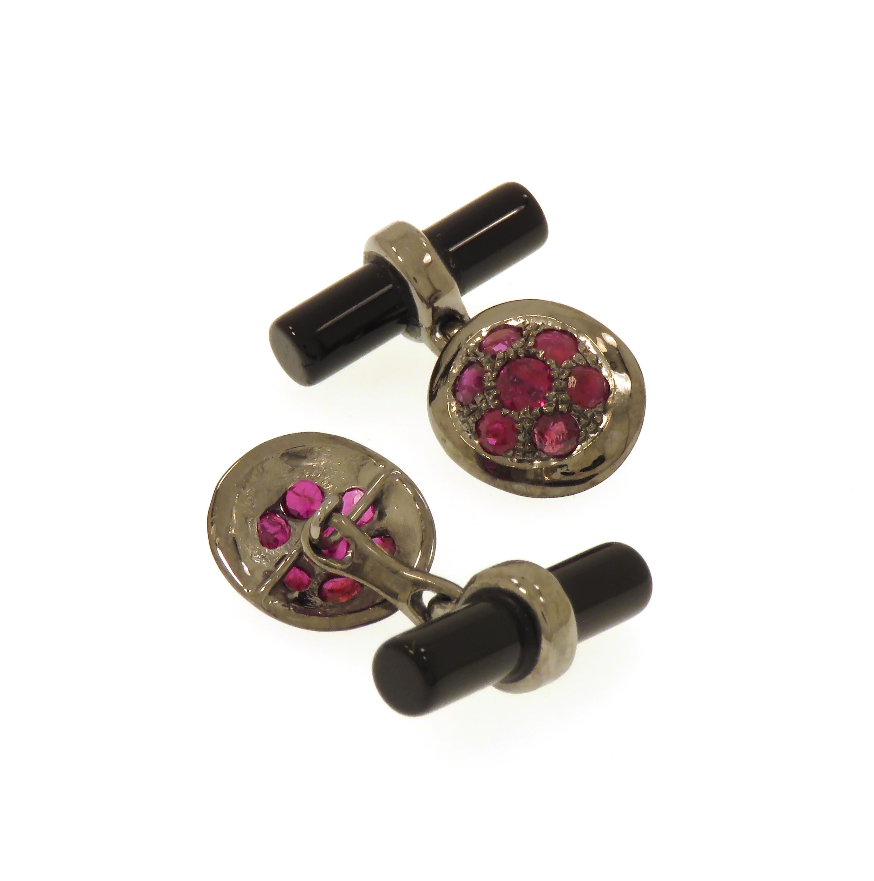 Contemporary Rubies Onyx 9 Karat White Gold Cufflinks Handcrafted in Italy For Sale