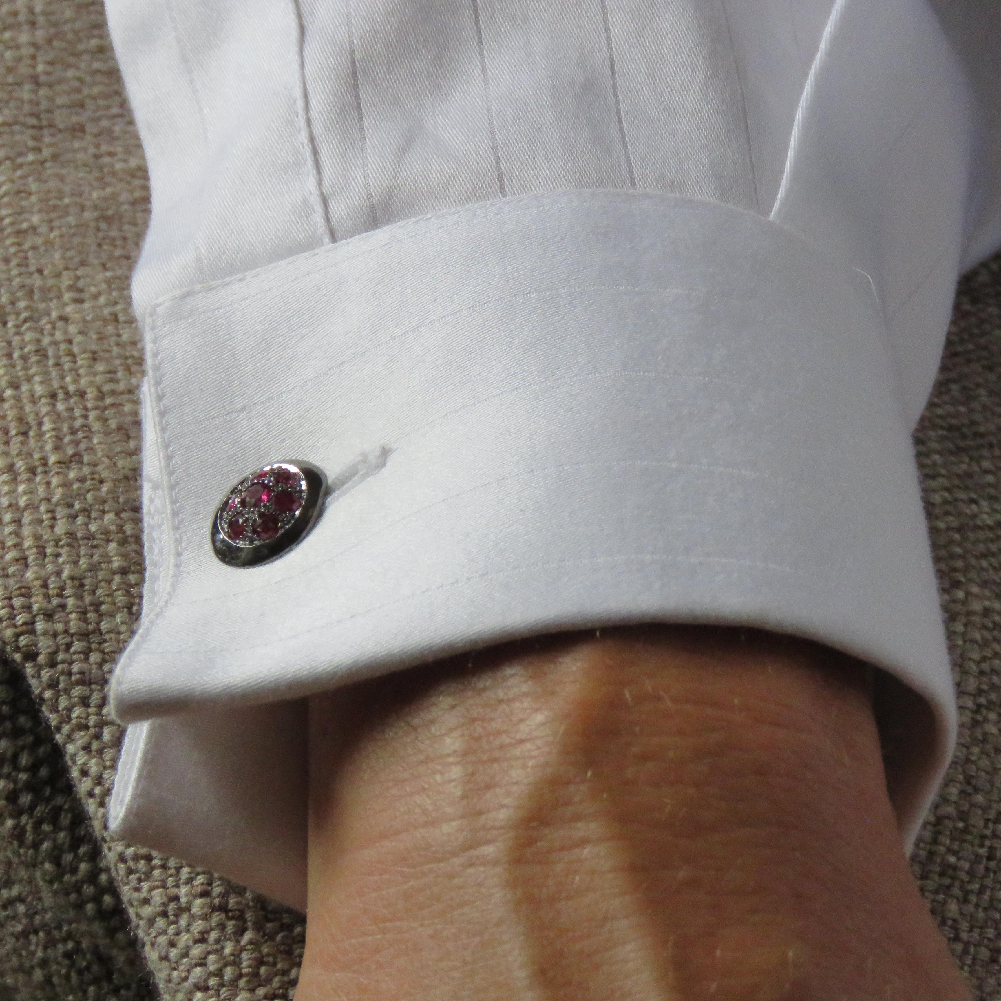Brilliant Cut Rubies Onyx 9 Karat White Gold Cufflinks Handcrafted in Italy For Sale