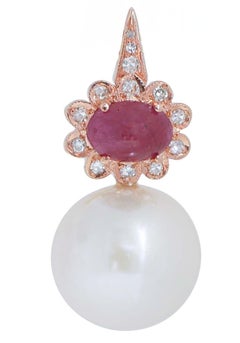 Rubies, Pearls, Diamonds, 14 Karat Rose Gold Earrings.