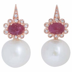 Rubies, Pearls, Diamonds, 14 Karat Rose Gold Earrings.