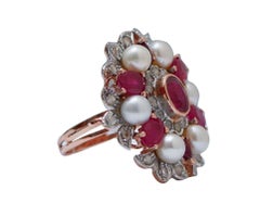Rubies, Pearls, Diamonds, Rose Gold and Silver Ring.