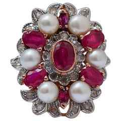 Rubies, Pearls, Diamonds, Rose Gold and Silver Ring.