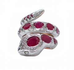 Rubies, Pearls, Diamonds, Rose Gold and Silver Snake Ring.