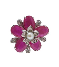 Rubies, Pearls, Diamonds, White Gold Flower Earrings.
