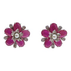 Rubies, Pearls, Diamonds, White Gold Flower Earrings.
