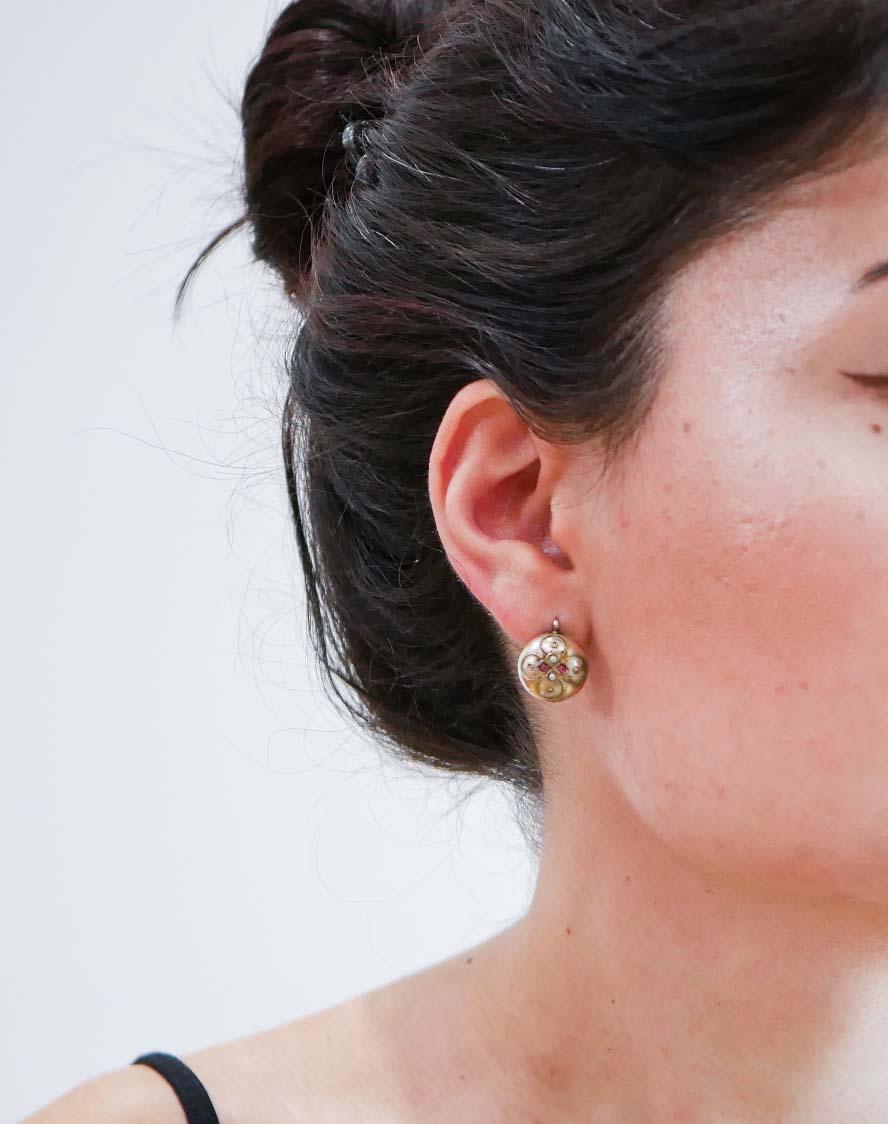 Rubies, Pearls, Rose Gold Earrings. Corte redondo en venta