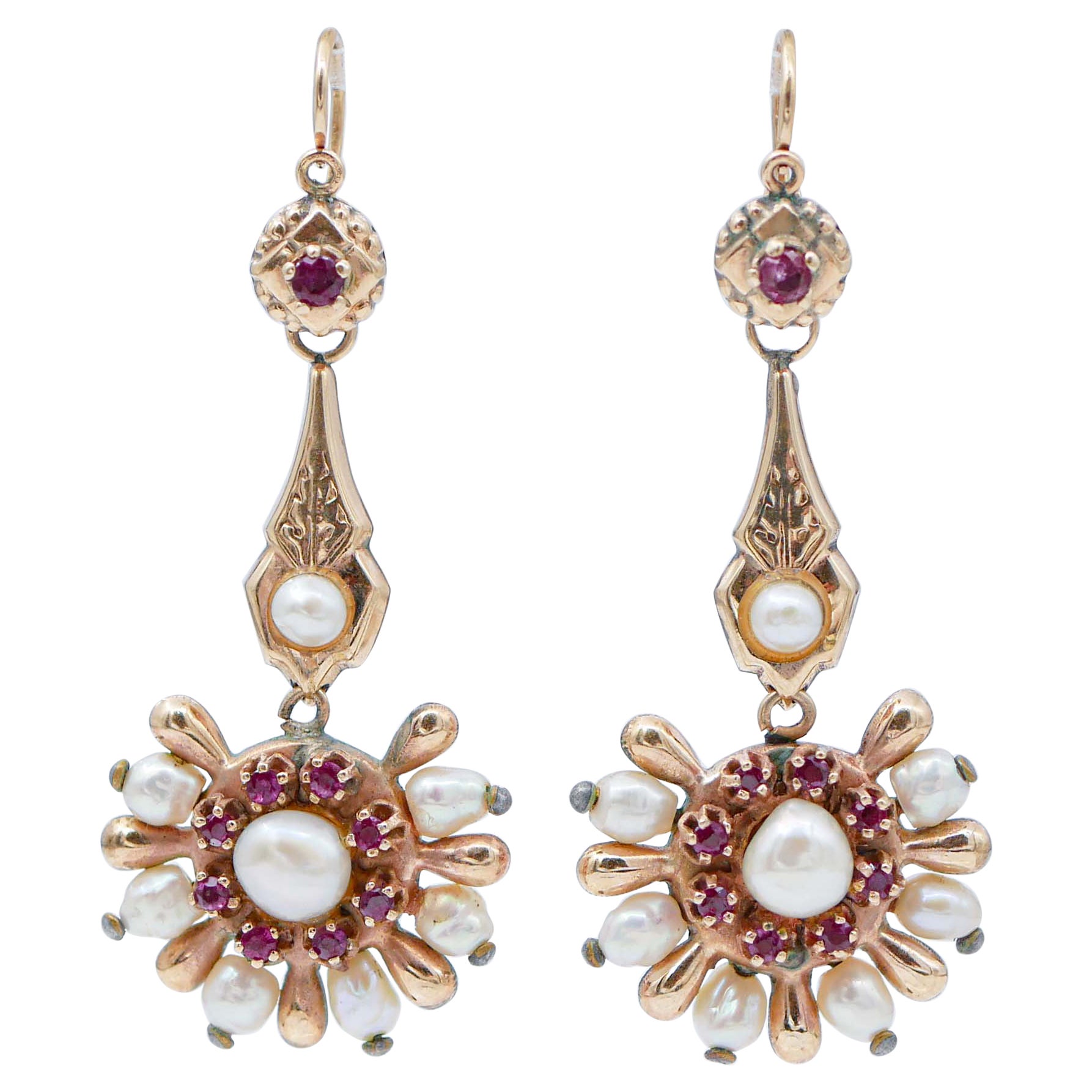 Rubis, perles, or rose Boucles d'oreilles Retrò.