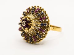 Rubies Sapphires and Diamond 18Kt Yellow Gold Vintage Dome Ring