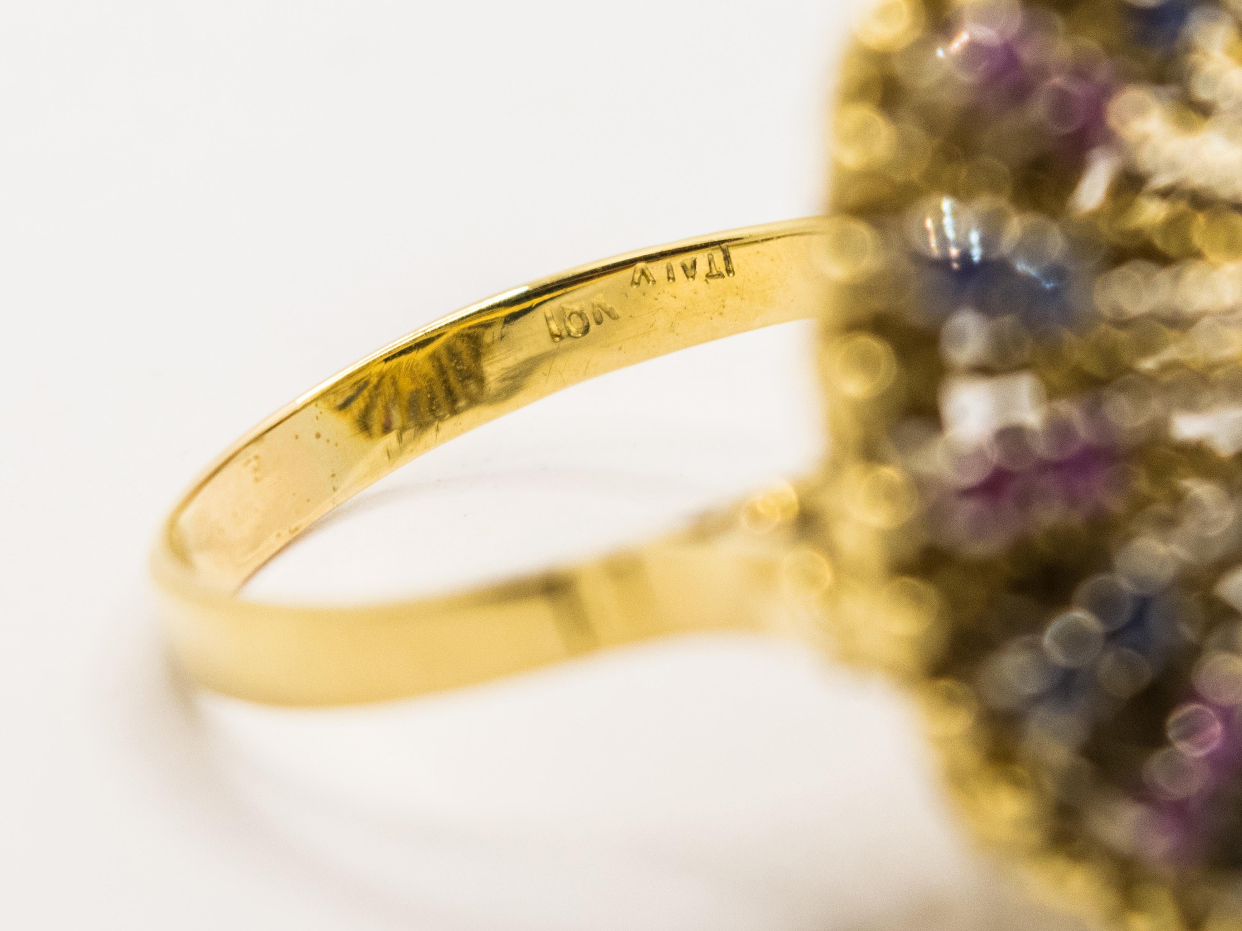 Contemporary Rubies Sapphires and Diamond 18Kt Yellow Gold Vintage Dome Ring For Sale