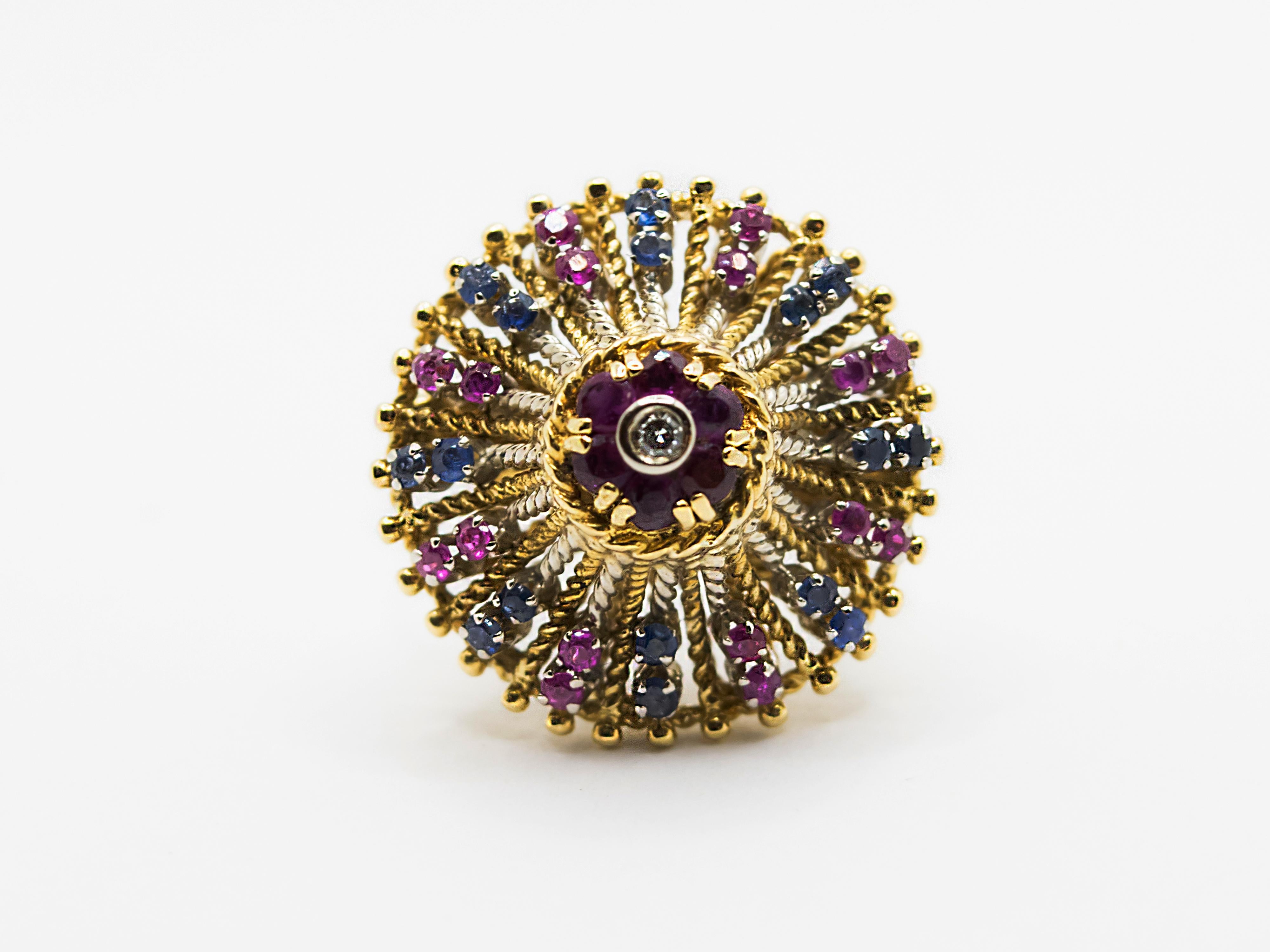 Brilliant Cut Rubies Sapphires and Diamond 18Kt Yellow Gold Vintage Dome Ring For Sale