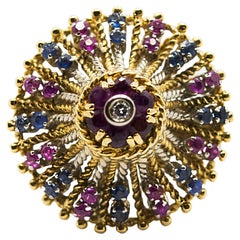 Rubies Sapphires and Diamond 18Kt Yellow Gold Vintage Dome Ring