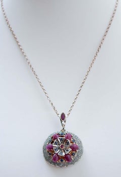 Rubies, Sapphires, Diamonds, 14 Karat Rose Gold and Silver Pendant.