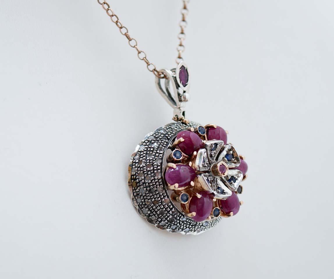 Retro Rubies, Sapphires, Diamonds, 14 Karat Rose Gold and Silver Pendant. For Sale