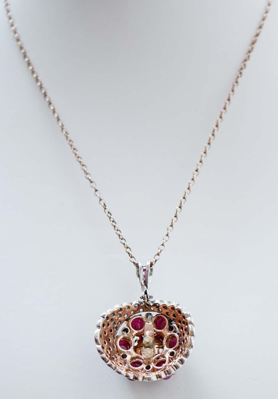 Mixed Cut Rubies, Sapphires, Diamonds, 14 Karat Rose Gold and Silver Pendant. For Sale