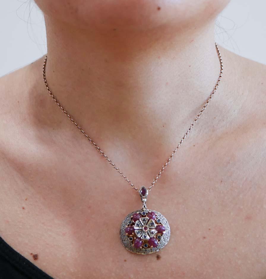 Women's Rubies, Sapphires, Diamonds, 14 Karat Rose Gold and Silver Pendant. For Sale