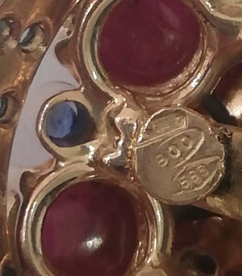 Rubies, Sapphires, Diamonds, 14 Karat Rose Gold and Silver Pendant. For Sale 1