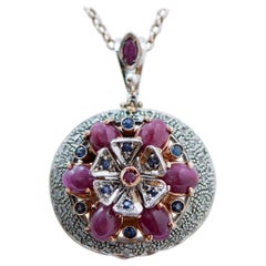 Vintage Rubies, Sapphires, Diamonds, 14 Karat Rose Gold and Silver Pendant.