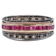 Rubies, Sapphires, Diamonds, 14 Karat Rose Gold and Silver Ring