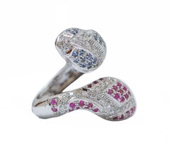 Rubies, Sapphires, Diamonds, 14 Karat White Gold Snake Ring.