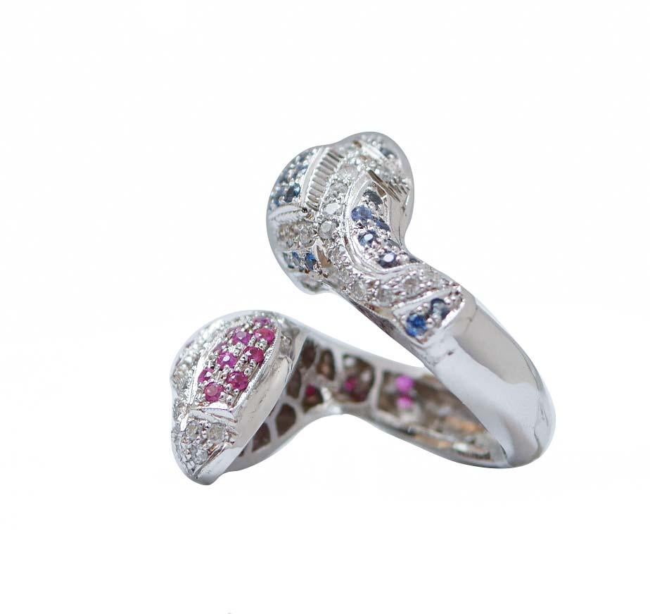 Retro Rubies, Sapphires, Diamonds, 14 Karat White Gold Snake Ring. For Sale