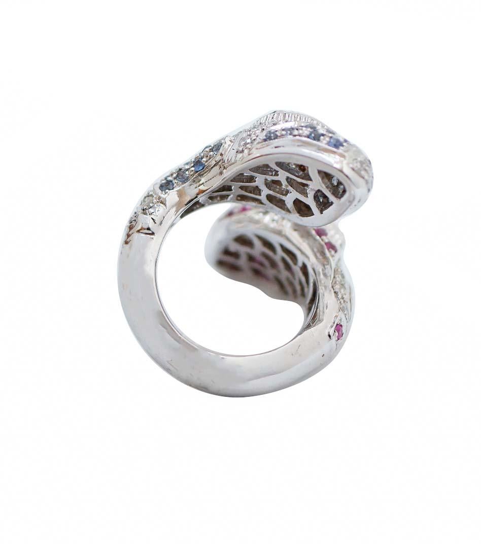 Mixed Cut Rubies, Sapphires, Diamonds, 14 Karat White Gold Snake Ring. For Sale
