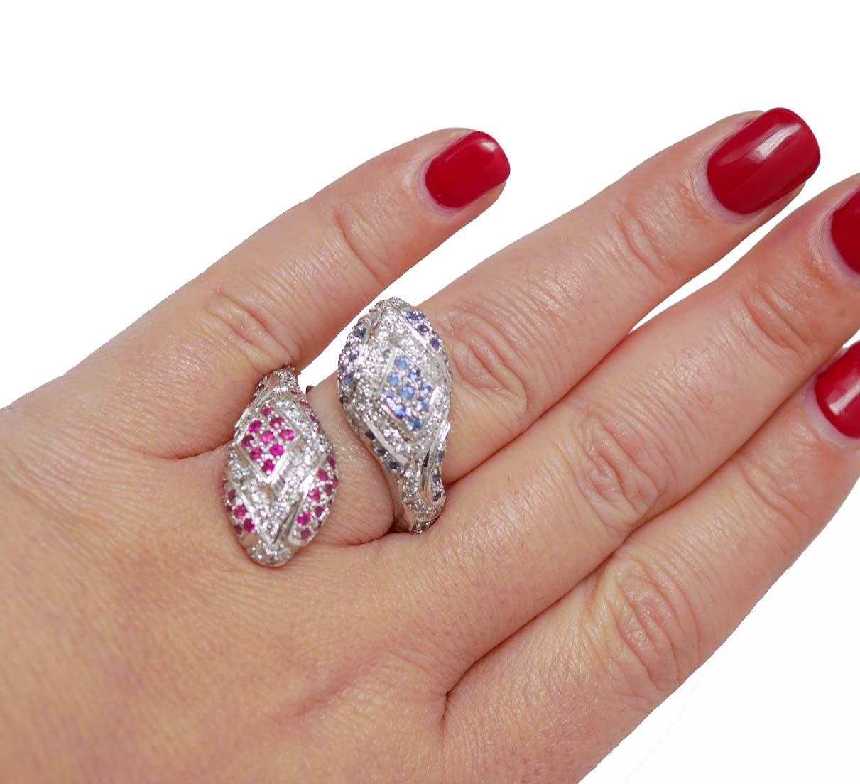 Women's Rubies, Sapphires, Diamonds, 14 Karat White Gold Snake Ring. For Sale