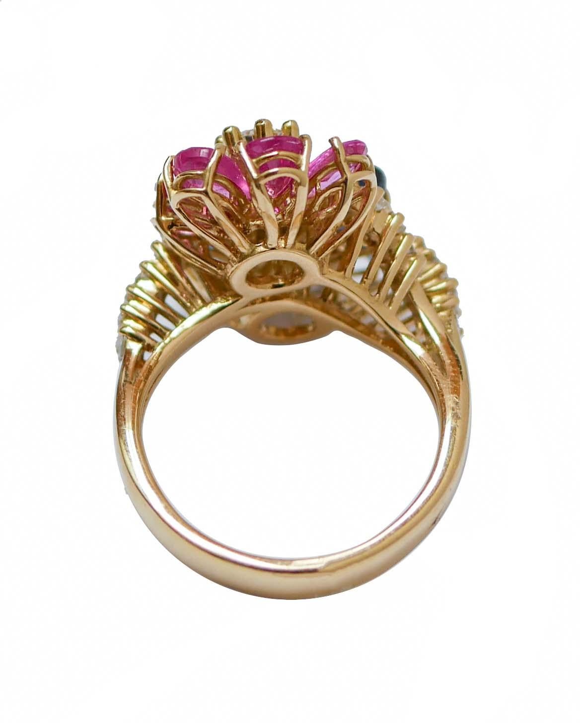 Mixed Cut Rubies, Sapphires, Diamonds, 18 Karat Yellow Gold Ring. For Sale
