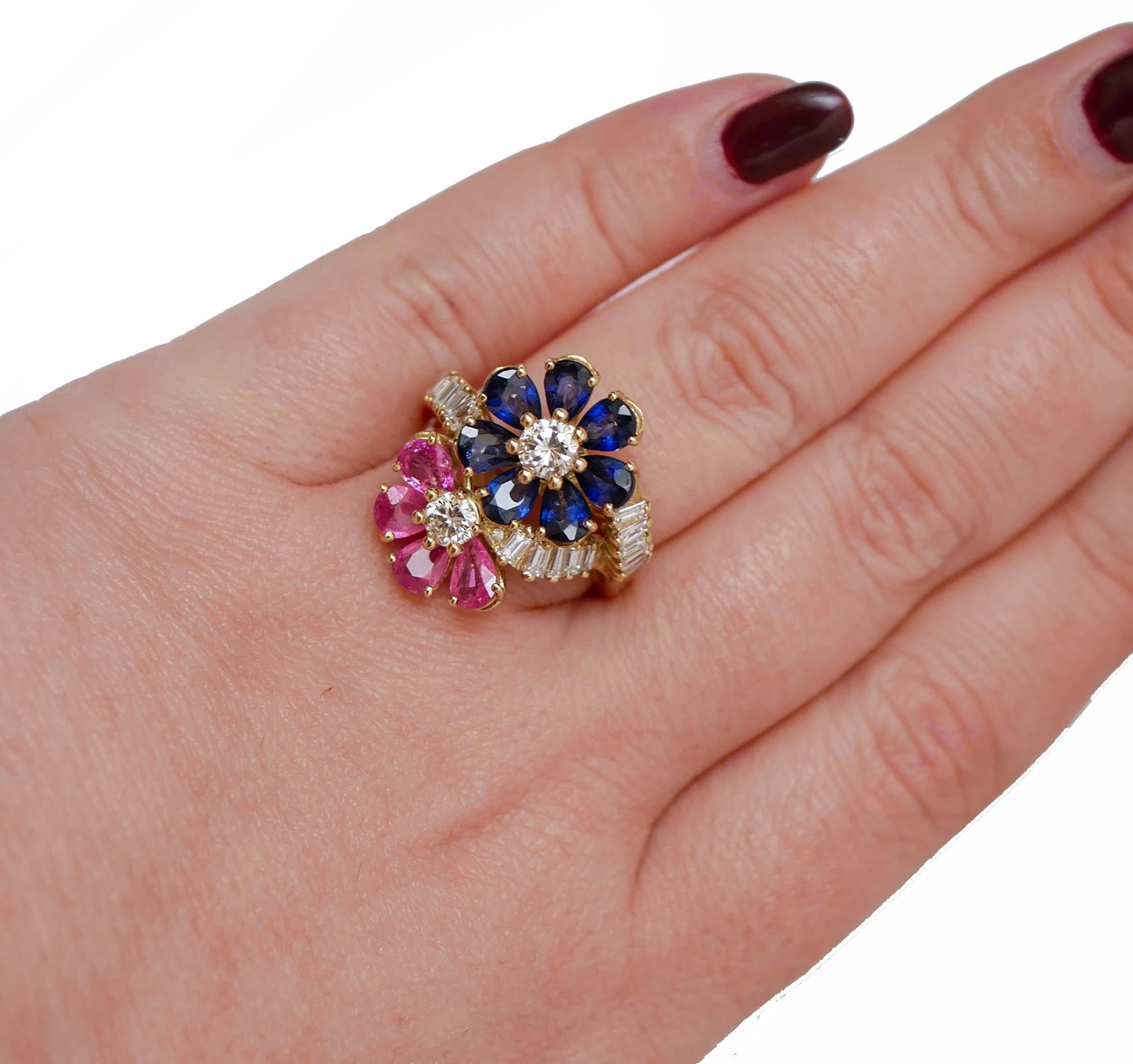Women's Rubies, Sapphires, Diamonds, 18 Karat Yellow Gold Ring.