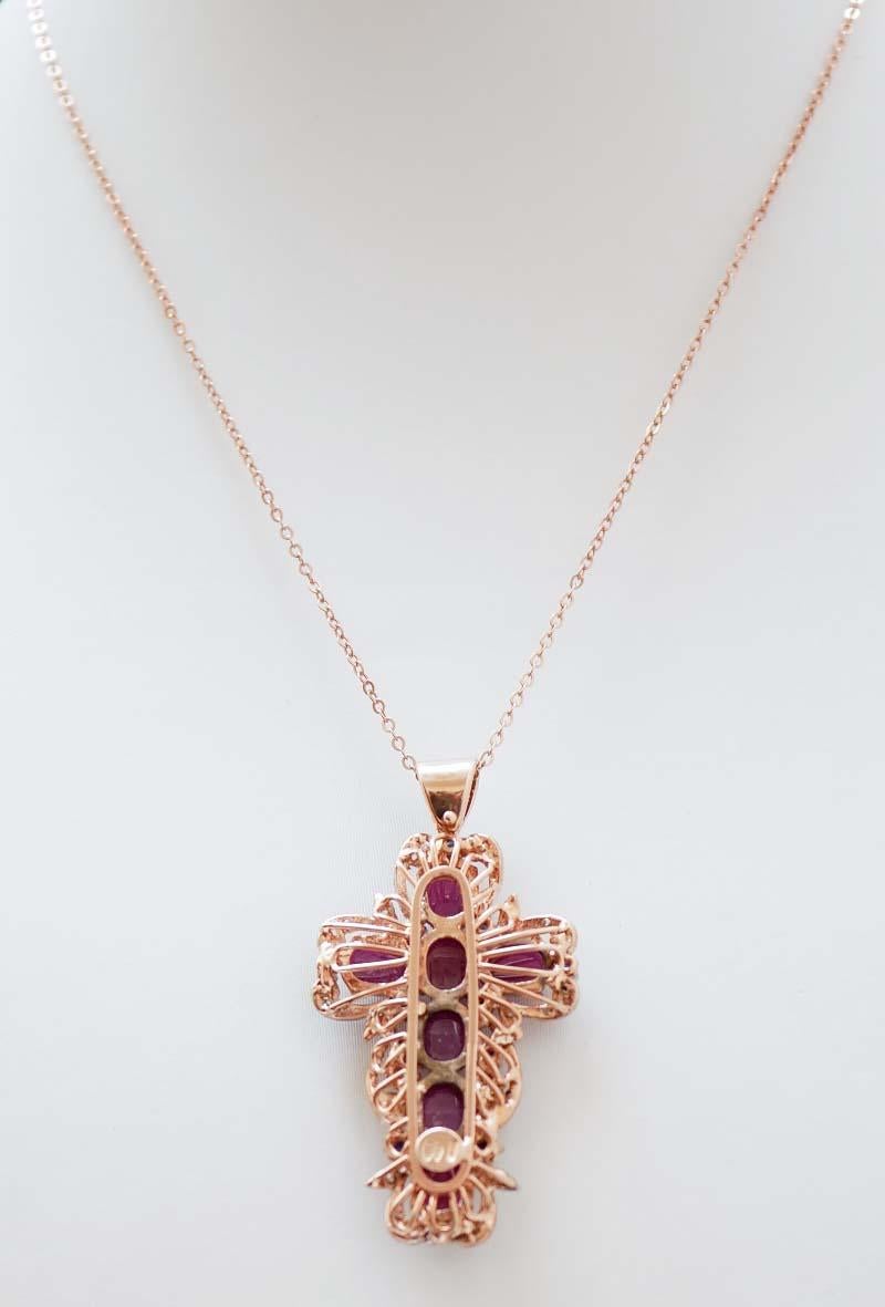 Mixed Cut Rubies, Sapphires, Diamonds, Rose Gold an Silver Cross Pendant Necklace. For Sale