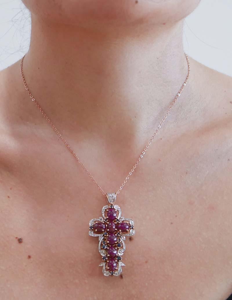 Women's Rubies, Sapphires, Diamonds, Rose Gold an Silver Cross Pendant Necklace. For Sale