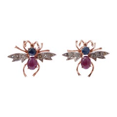 Rubies, Sapphires, Diamonds, Rose Gold and Silver Fly Earrings.