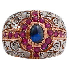 Rubies, Sapphires, Diamonds, Rose Gold and Silver Ring.