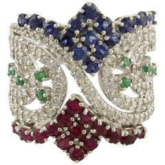 Rubies Sapphires Emeralds and  Diamonds 18 kt White Gold Band Ring