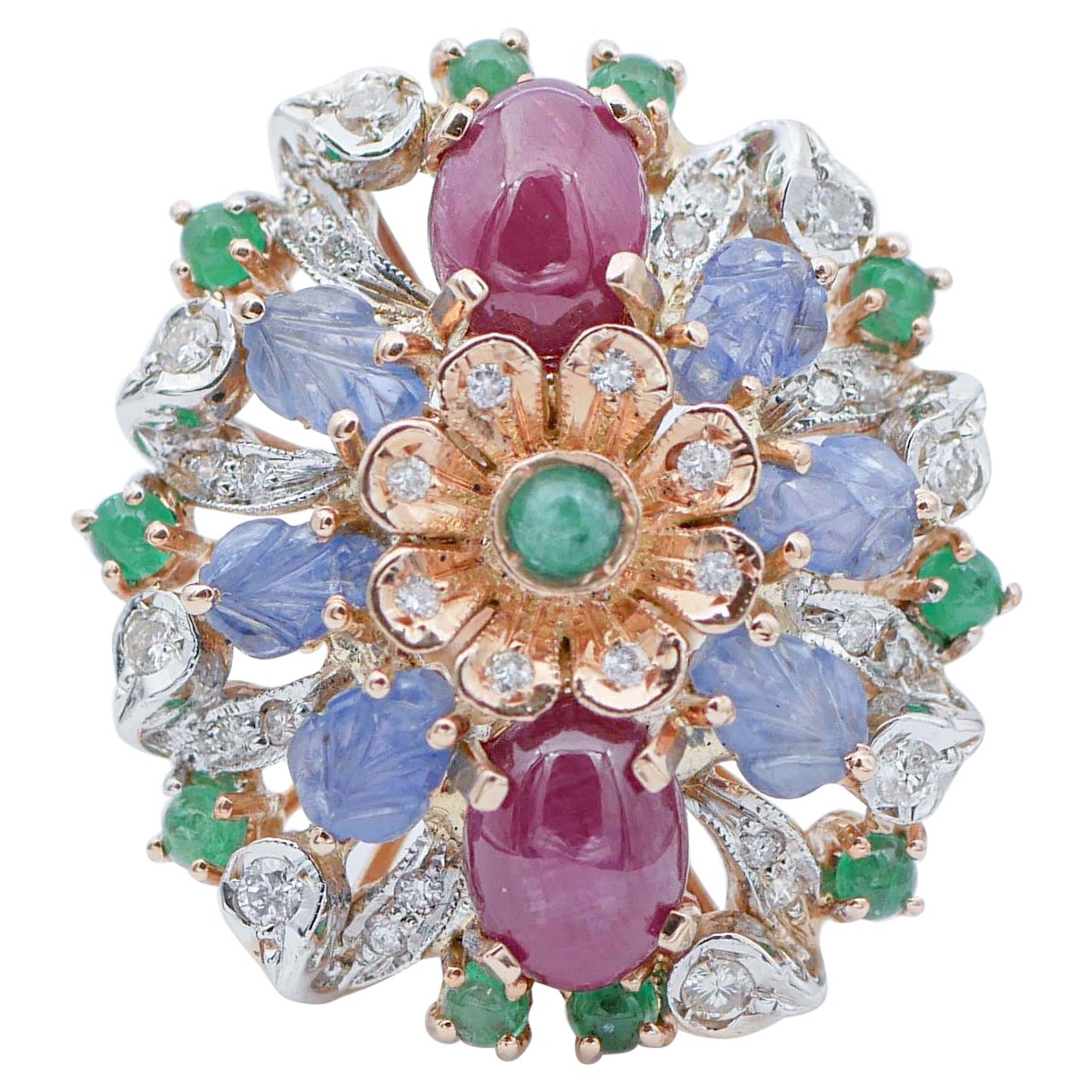 Bague en or rose et blanc 14 carats, rubis, saphirs, émeraudes, diamants