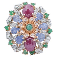 Bague en or rose et blanc 14 carats, rubis, saphirs, émeraudes, diamants