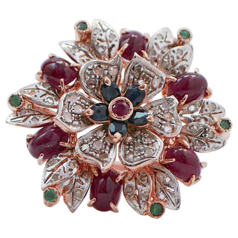Rubies, Sapphires, Emeralds, Diamonds, Rose Gold and Silver Ring.