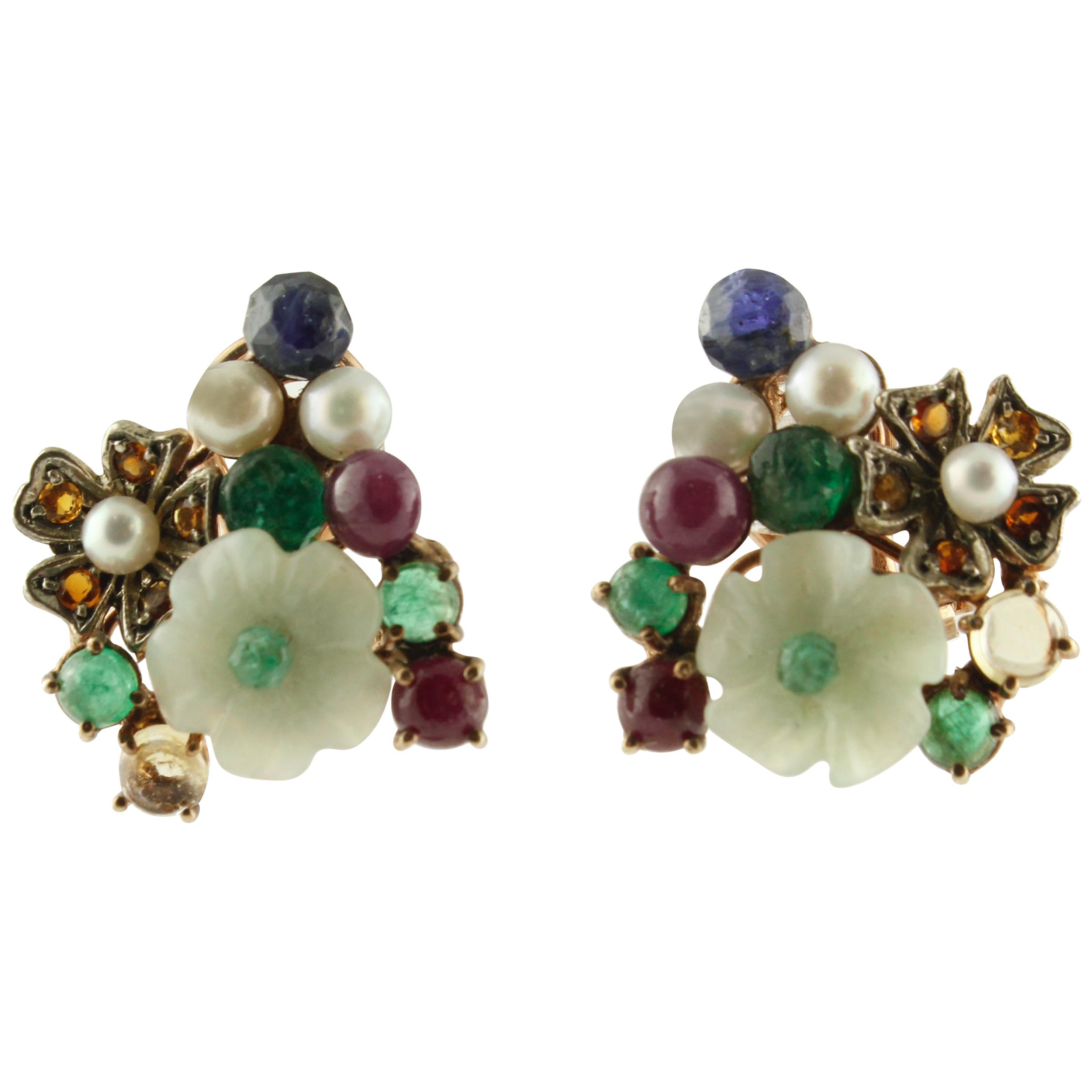 Rubies, Sapphires Emeralds Mother-of-Pearl Pearls Rose Gold and Silver Earrings