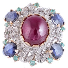 Vintage Rubies Sapphires Smeraldi Diamonds White Gold and Rose Ring
