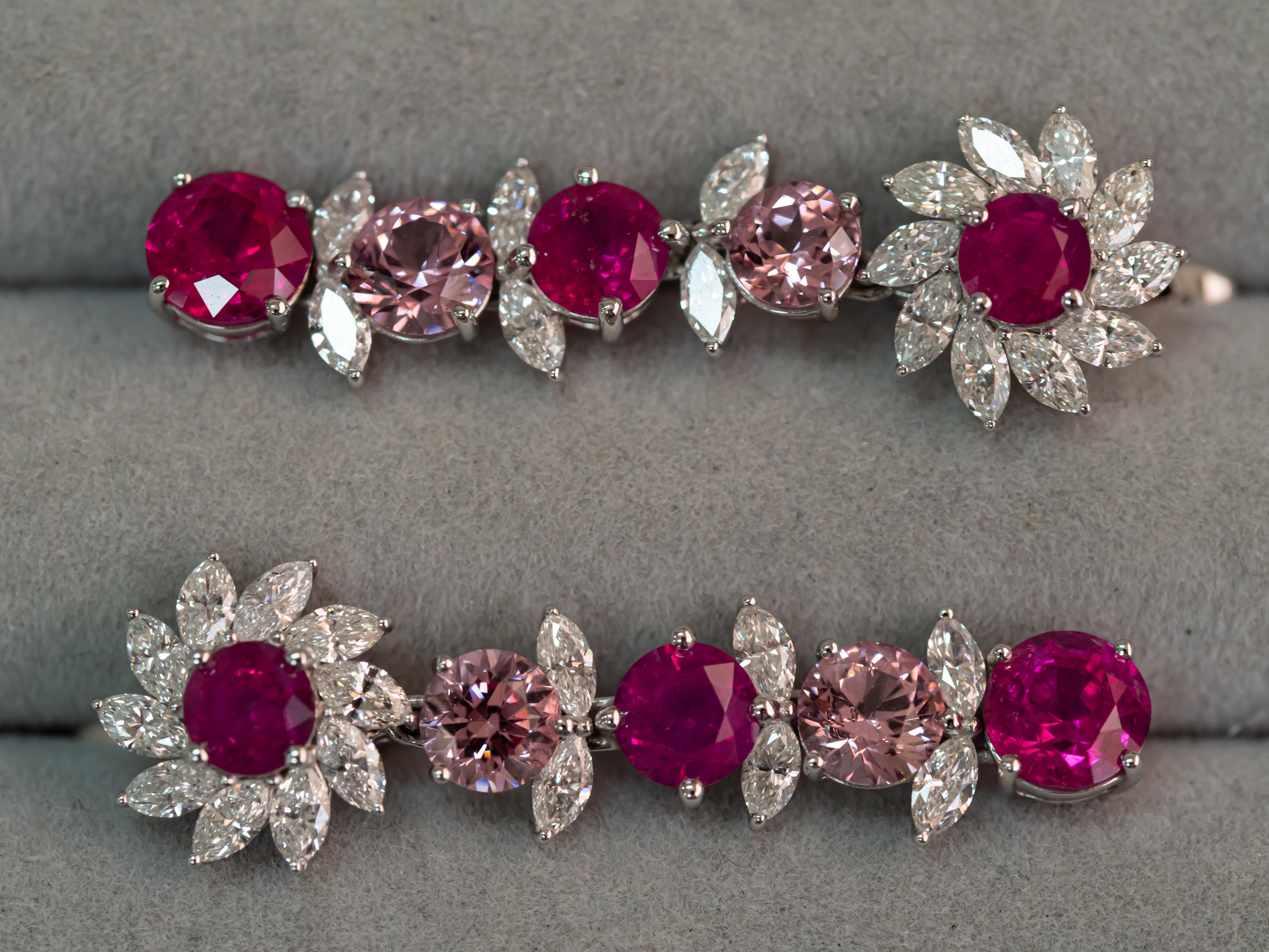 •	18k White Gold. 
•	Unheated Rubies in round cut – 6 pc total carat weight – 5.16.
•	Pink Spinels in round cut – 4 pc total carat weight – 2.54.
•	Diamonds in marquise cut – 32 pc total carat weight – 2.20.
•	 “ cm each. 
•	Product Weight – 8.15