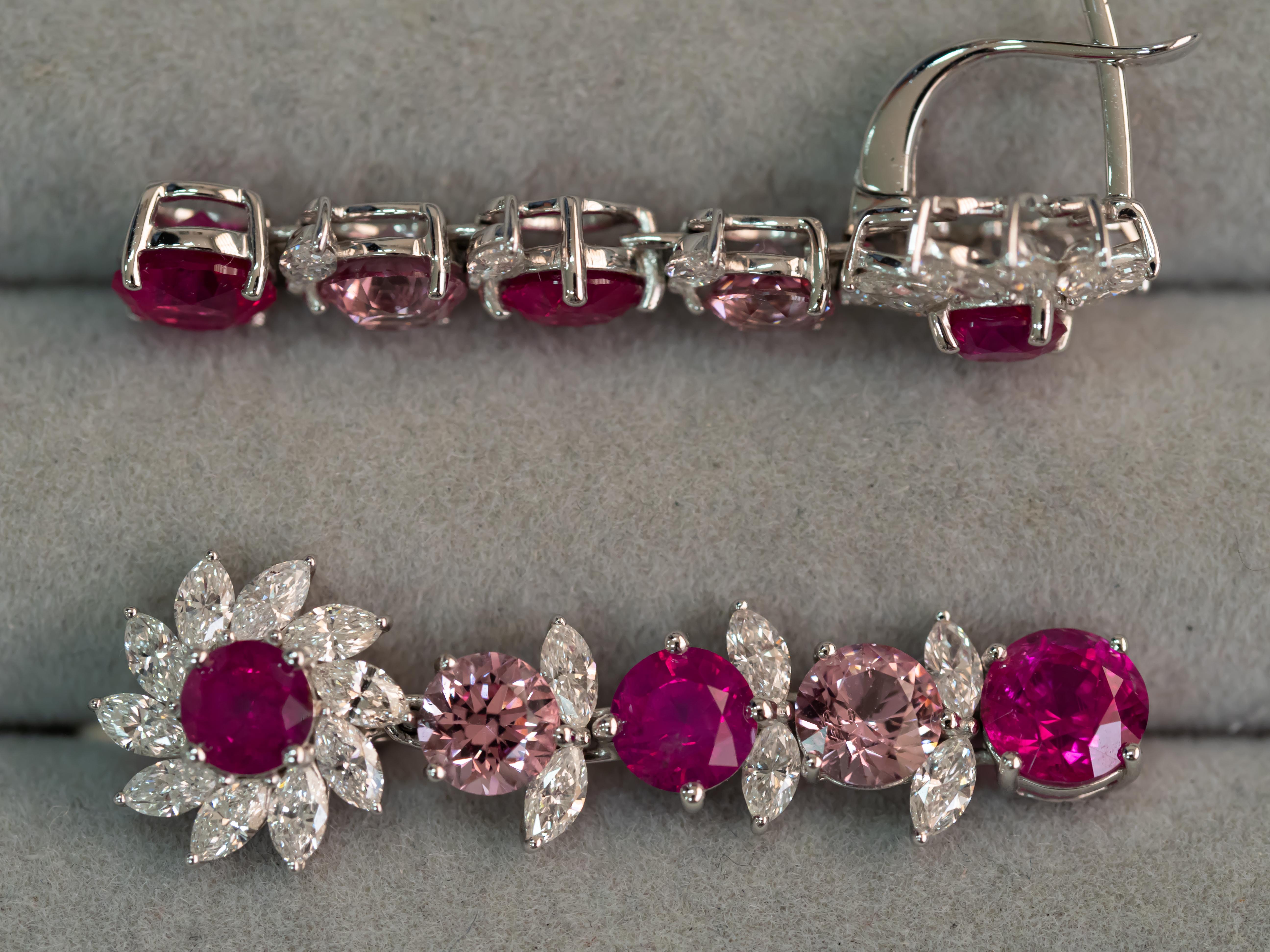 Mixed Cut Rubies Spinels & Diamonds Earrings, 18k White Gold Unheated Rubies & Spinels Er For Sale