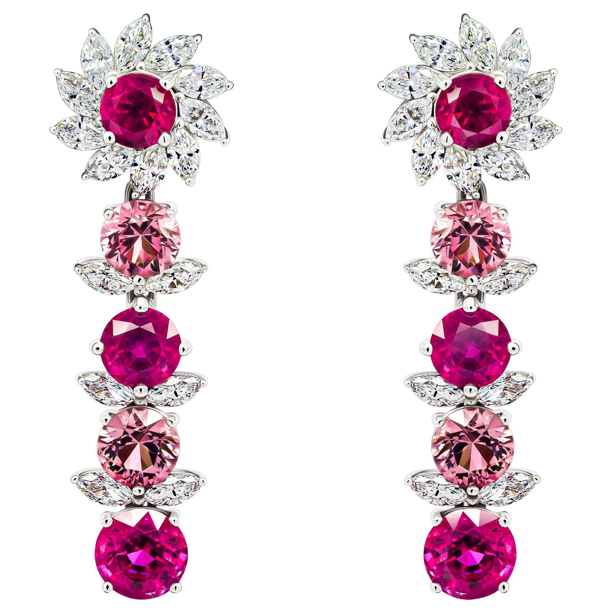 Rubies Spinels 
Diamonds Earrings, 18k White Gold Unheated Rubies 
Spinels Er For Sale