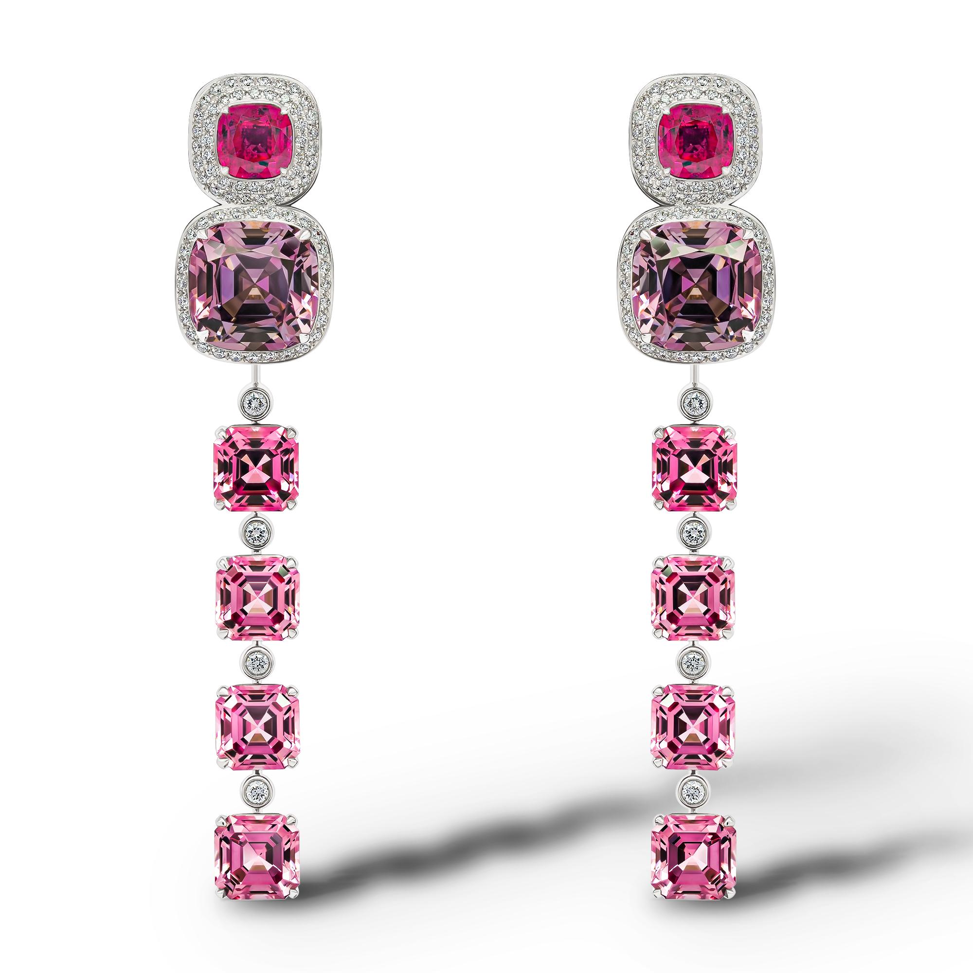 • 18k White Gold. 
• Unheated Rubies in Cushion cut – 2 pc total carat weight – 1.19.
• Spinels (Pink & Lavender) mixed cut – 10 pc total carat weight – 11.78.
• Diamonds in round cut 152 pc – total carat weight – 0.53. 
• Product Weight – 8.04