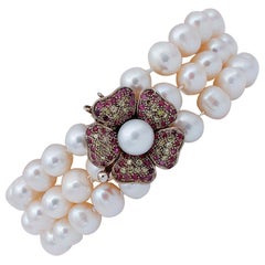 Rubies, Stones, Pearls, 9 Karat Rose Gold and Silver Bracelet