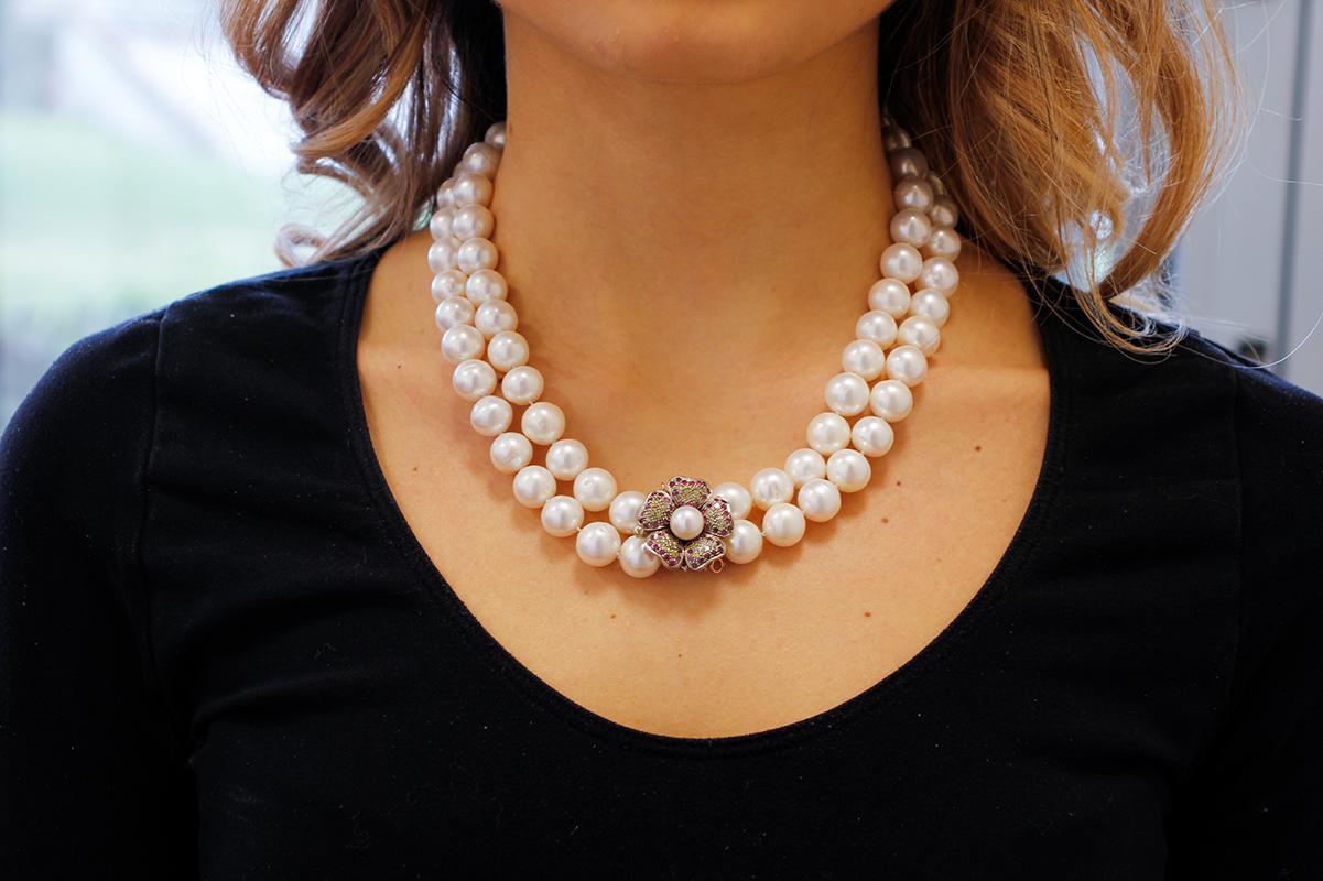 Rubine, Steine, Perlen, 9 Karat Roségold und Silber Halskette Damen