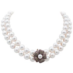 Rubies, Stones, Pearls, 9 Karat Rose Gold and Silver Necklace