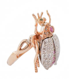 Rubies, Tsavorite, Diamonds, Rose Gold and Silver Beetle Ring