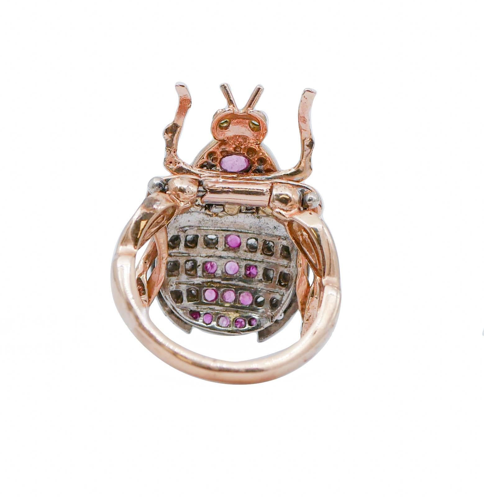 Retro Rubies, Tsavorite, Diamonds, Rose Gold and Silver Beetle Ring For Sale